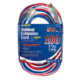 100' 12/3 Red/White/Blue Extension Cord With Lighted End By Voltec 05-00159-US